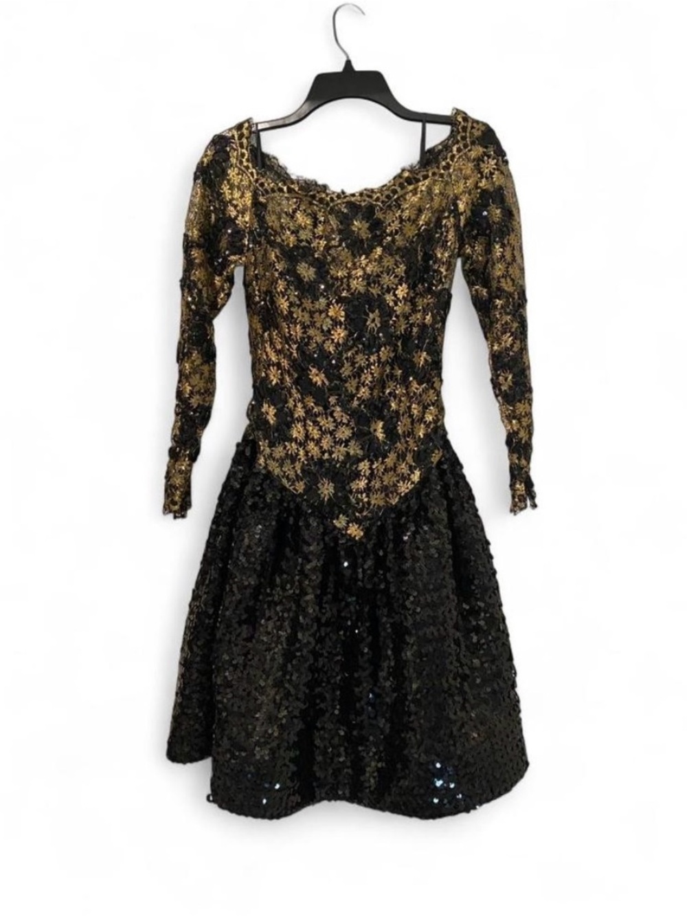 Lillie Rubin Black and Gold Floral Sequin Long-Sleeve Fit & Flare Dress